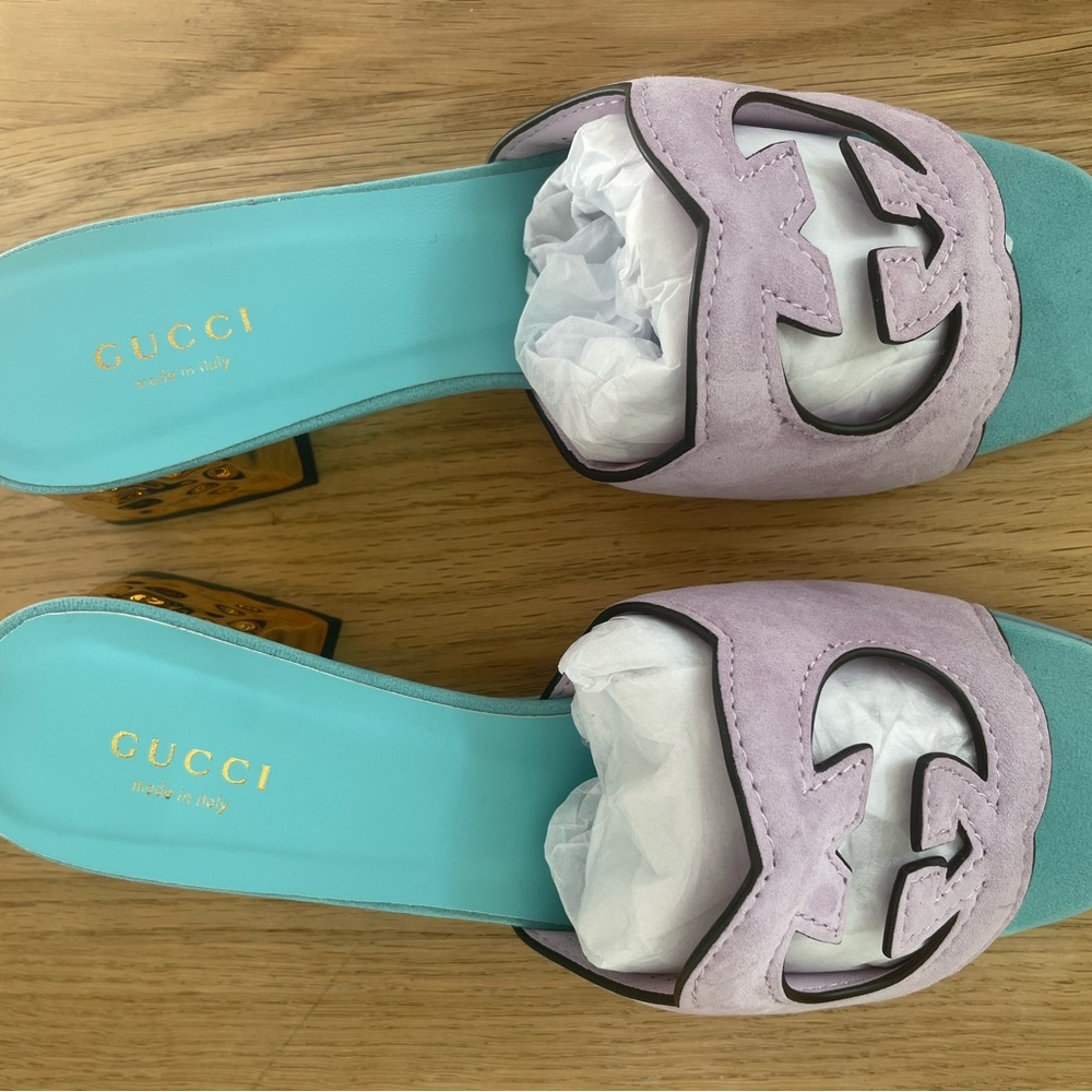 Women's Lavender and Teal Mules Gold Heels